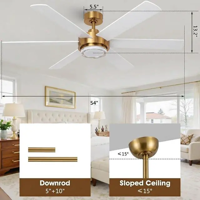 Alt view image 6 of 6 - 54" Gold Ceiling Fan with Lights and Remote, Modern White & Gold Ceiling Fan, Quiet DC Motor, 6-Speed Reversible Fan, Dimmable LED, Luxury Ceiling Fan for Bedroom Living Room Dining Room