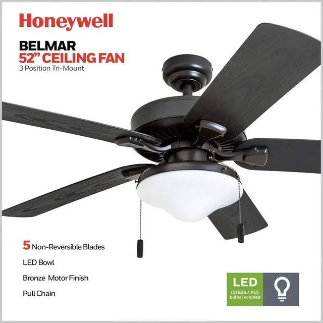 Alt view image 3 of 6 - Ceiling Fans Belmar 52 Inch Ceiling Fan With Light, Indoor/Outdoor Ceiling Fan with Pull Chain, LED Tri-Mount 5 Blade Design, ETL Damp Rated, Bronze (50512-01)