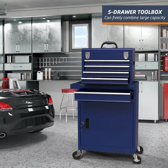 Alt view image 2 of 6 - 5-Drawer High Capacity Rolling Tool Box, Removable Cabinet Storage Tool Chest with Wheels and Drawers, Detachable Toolbox with Lock for Mechanics Garage Workshop and Tool Room (Blue)
