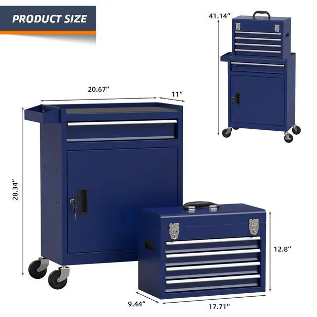 Alt view image 3 of 6 - 5-Drawer High Capacity Rolling Tool Box, Removable Cabinet Storage Tool Chest with Wheels and Drawers, Detachable Toolbox with Lock for Mechanics Garage Workshop and Tool Room (Blue)