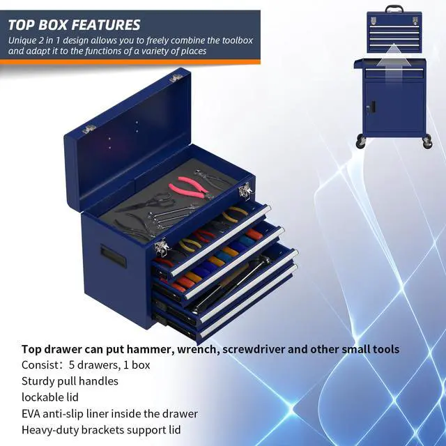 Alt view image 4 of 6 - 5-Drawer High Capacity Rolling Tool Box, Removable Cabinet Storage Tool Chest with Wheels and Drawers, Detachable Toolbox with Lock for Mechanics Garage Workshop and Tool Room (Blue)