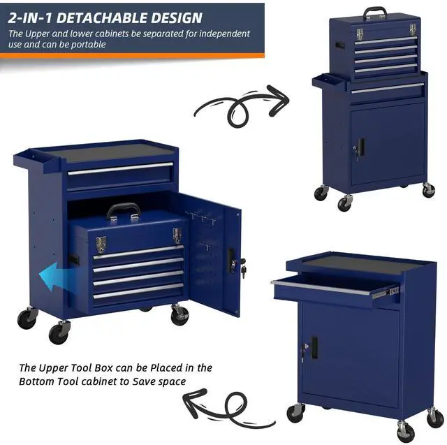 Alt view image 6 of 6 - 5-Drawer High Capacity Rolling Tool Box, Removable Cabinet Storage Tool Chest with Wheels and Drawers, Detachable Toolbox with Lock for Mechanics Garage Workshop and Tool Room (Blue)