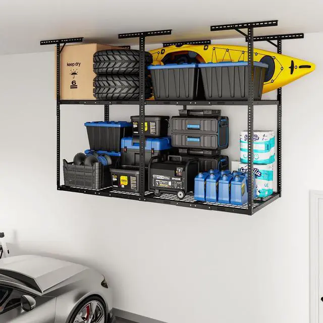 Main image of 3x8ft 2-Tier Garage Ceiling Storage Rack, Adjustable Overhead Garage Storage System, Heavy Duty Metal Shelving, 1000 lbs Capacity, Ideal for 915ft High Ceilings, Black