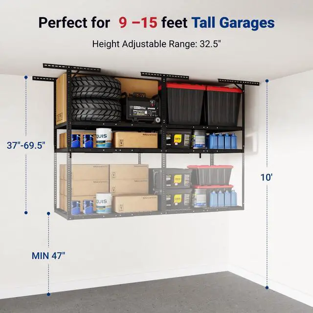 Alt view image 3 of 6 - 3x8ft 2-Tier Garage Ceiling Storage Rack, Adjustable Overhead Garage Storage System, Heavy Duty Metal Shelving, 1000 lbs Capacity, Ideal for 915ft High Ceilings, Black