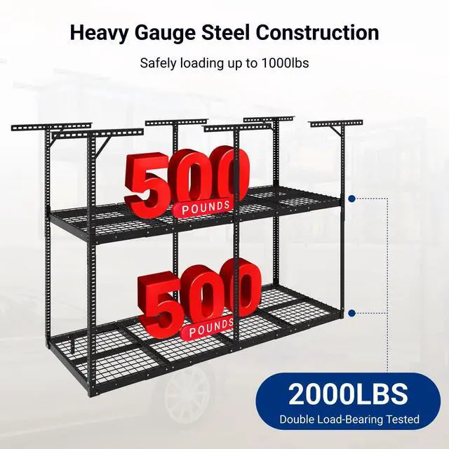 Alt view image 4 of 6 - 3x8ft 2-Tier Garage Ceiling Storage Rack, Adjustable Overhead Garage Storage System, Heavy Duty Metal Shelving, 1000 lbs Capacity, Ideal for 915ft High Ceilings, Black