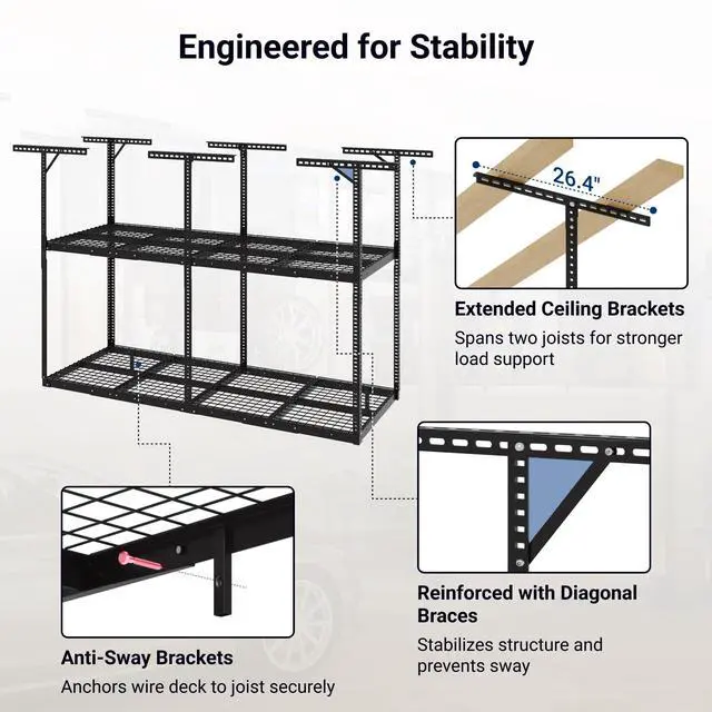 Alt view image 6 of 6 - 3x8ft 2-Tier Garage Ceiling Storage Rack, Adjustable Overhead Garage Storage System, Heavy Duty Metal Shelving, 1000 lbs Capacity, Ideal for 915ft High Ceilings, Black