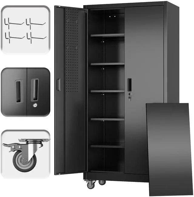 Main image of Upgrade 71H''*32''W*16''D Metal Garage Storage Cabinet with Wheels and Pegboards, 5 Adjustable Shelves Steel Storage Cabinets for Garage,Warehouse, Black, Assembly Required