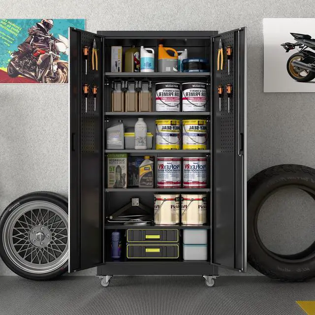 Alt view image 2 of 6 - Upgrade 71H''*32''W*16''D Metal Garage Storage Cabinet with Wheels and Pegboards, 5 Adjustable Shelves Steel Storage Cabinets for Garage,Warehouse, Black, Assembly Required