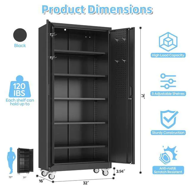 Alt view image 3 of 6 - Upgrade 71H''*32''W*16''D Metal Garage Storage Cabinet with Wheels and Pegboards, 5 Adjustable Shelves Steel Storage Cabinets for Garage,Warehouse, Black, Assembly Required