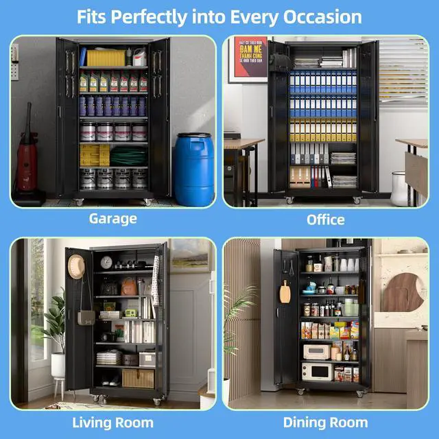 Alt view image 5 of 6 - Upgrade 71H''*32''W*16''D Metal Garage Storage Cabinet with Wheels and Pegboards, 5 Adjustable Shelves Steel Storage Cabinets for Garage,Warehouse, Black, Assembly Required