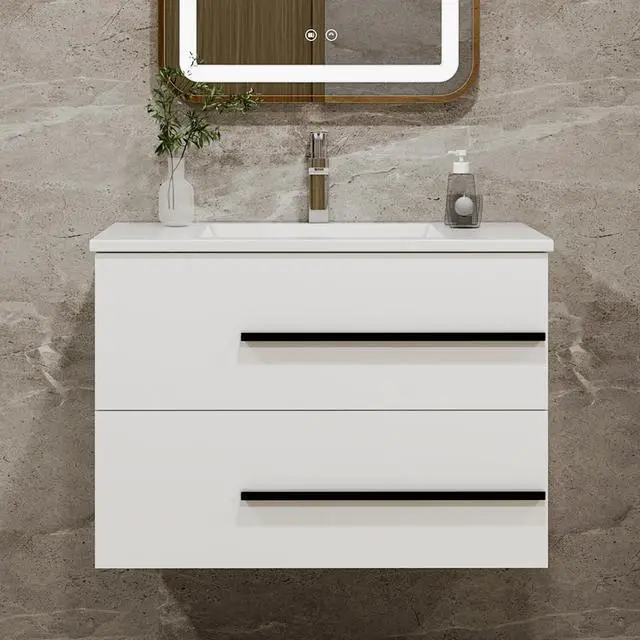 Main image of 30 Inch Floating Bathroom Vanity with Sink - White Modern Wall Mounted Vanity with Sink, Soft-Close Two Drawers, Black Handles & Smooth Motion Glides (White, 30")