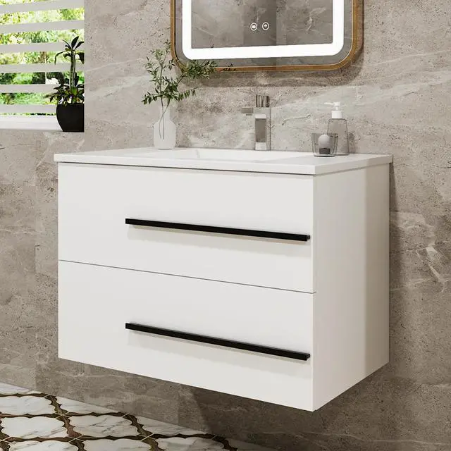 Alt view image 2 of 6 - 30 Inch Floating Bathroom Vanity with Sink - White Modern Wall Mounted Vanity with Sink, Soft-Close Two Drawers, Black Handles & Smooth Motion Glides (White, 30")