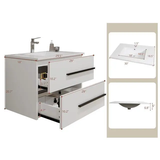 Alt view image 3 of 6 - 30 Inch Floating Bathroom Vanity with Sink - White Modern Wall Mounted Vanity with Sink, Soft-Close Two Drawers, Black Handles & Smooth Motion Glides (White, 30")