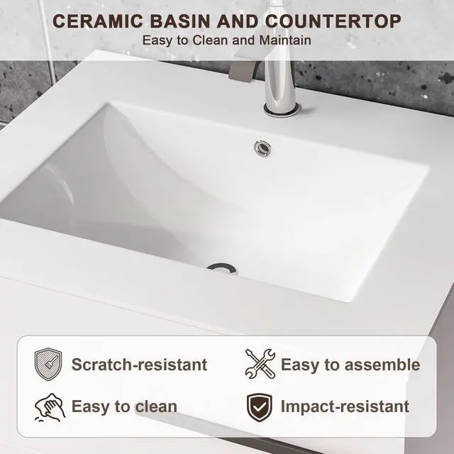 Alt view image 4 of 6 - 30 Inch Floating Bathroom Vanity with Sink - White Modern Wall Mounted Vanity with Sink, Soft-Close Two Drawers, Black Handles & Smooth Motion Glides (White, 30")