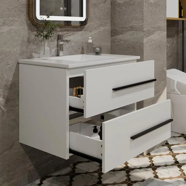 Alt view image 5 of 6 - 30 Inch Floating Bathroom Vanity with Sink - White Modern Wall Mounted Vanity with Sink, Soft-Close Two Drawers, Black Handles & Smooth Motion Glides (White, 30")