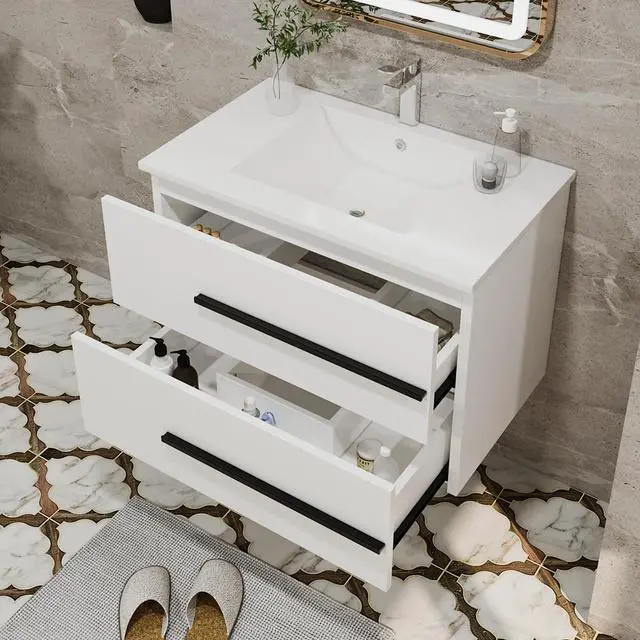 Alt view image 6 of 6 - 30 Inch Floating Bathroom Vanity with Sink - White Modern Wall Mounted Vanity with Sink, Soft-Close Two Drawers, Black Handles & Smooth Motion Glides (White, 30")