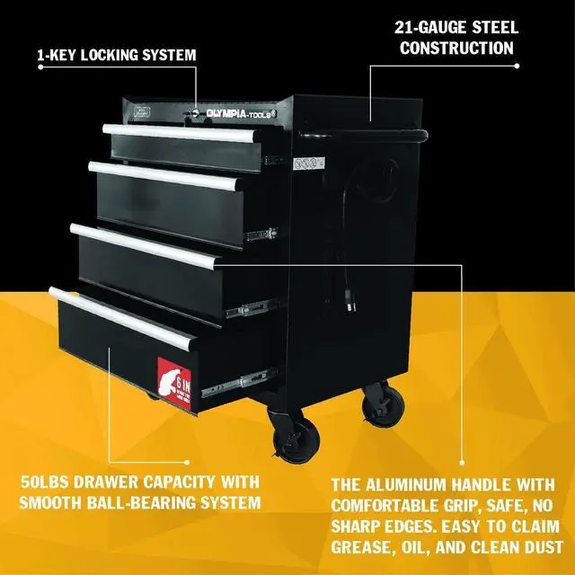 Alt view image 4 of 6 - 27-Inch Rolling Tool Cabinet with 4 Drawers - Mobile Tool Chest with Ball Bearing Slides and Fully Extendable Drawers for Garage Storage
