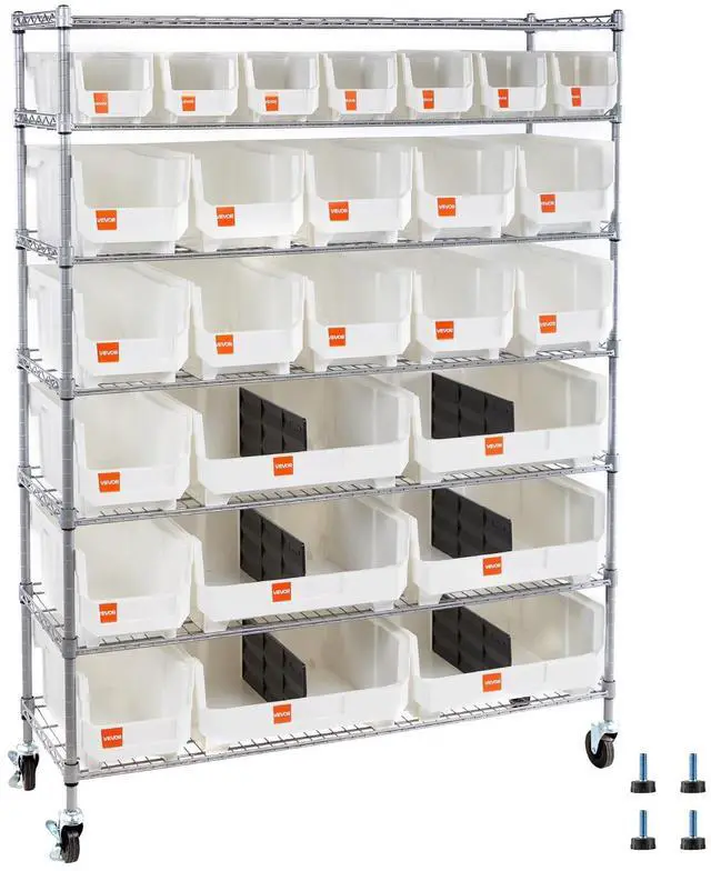 Main image of 7-Tier Rolling Bin Storage Rack, 26 Organizer Bins, Bin Rack Storage Steel Wire Shelving System with Wheels, Mobile Tool Organizer for Garage, Warehouse, Office, Restaurant, Kitchen, Classroom