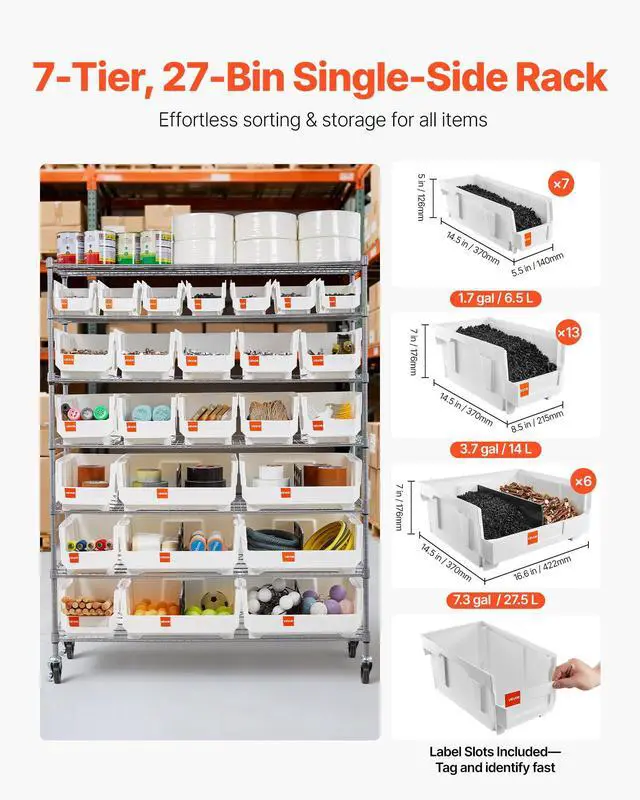 Alt view image 2 of 6 - 7-Tier Rolling Bin Storage Rack, 26 Organizer Bins, Bin Rack Storage Steel Wire Shelving System with Wheels, Mobile Tool Organizer for Garage, Warehouse, Office, Restaurant, Kitchen, Classroom