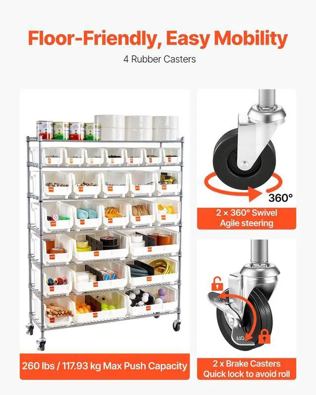 Alt view image 5 of 6 - 7-Tier Rolling Bin Storage Rack, 26 Organizer Bins, Bin Rack Storage Steel Wire Shelving System with Wheels, Mobile Tool Organizer for Garage, Warehouse, Office, Restaurant, Kitchen, Classroom