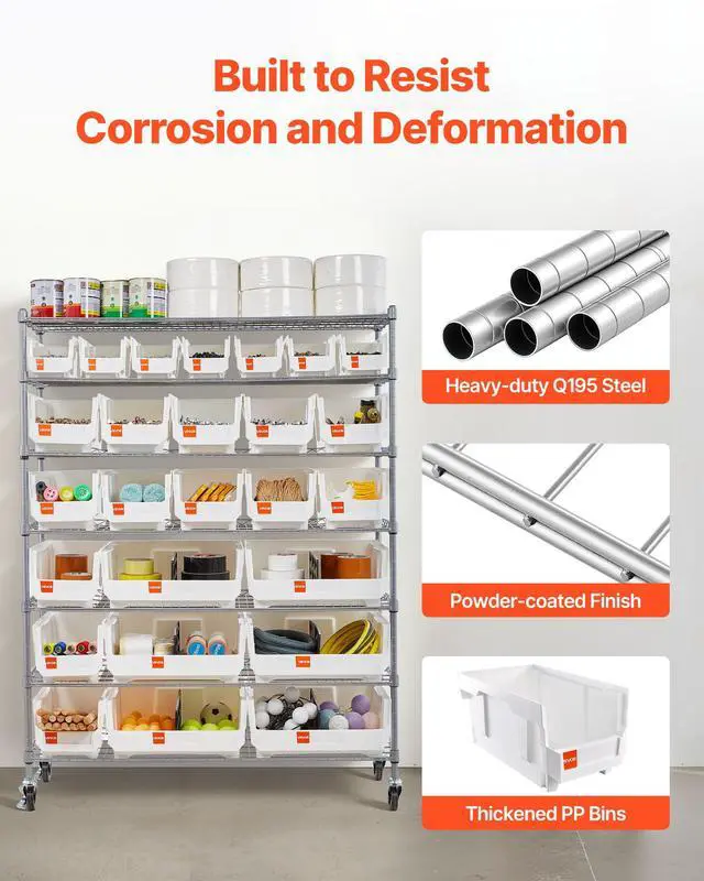 Alt view image 6 of 6 - 7-Tier Rolling Bin Storage Rack, 26 Organizer Bins, Bin Rack Storage Steel Wire Shelving System with Wheels, Mobile Tool Organizer for Garage, Warehouse, Office, Restaurant, Kitchen, Classroom