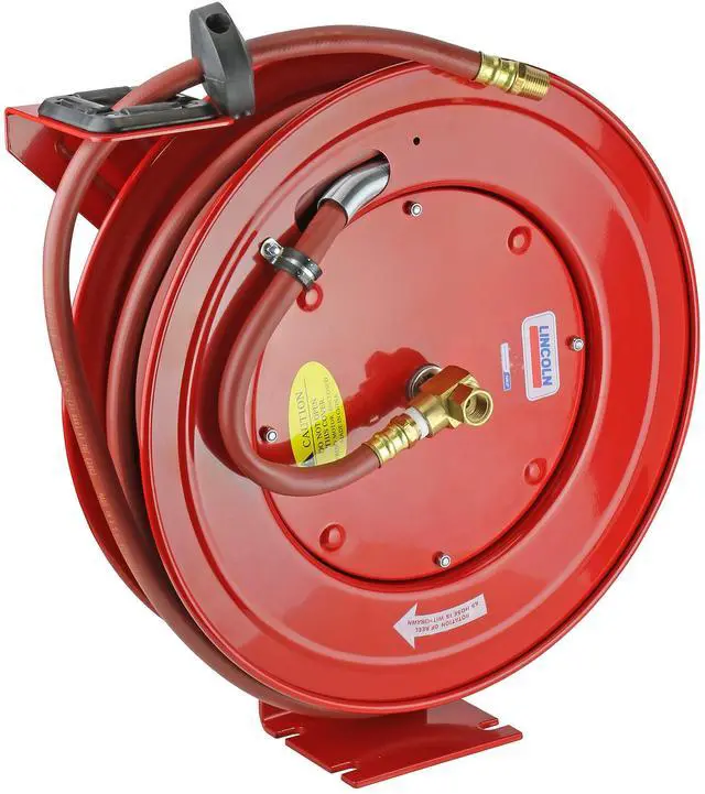 Main image of 83753 Value Series Air/Water Retractable Hose Reel with 50' x 3/8" Rubber Air Hose, 1/4" NPT, 300 PSI, Slotted Mounting Base, 5-Position Adjustable Outlet Arm, All-Steel Construction, Red