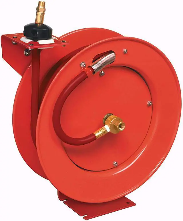 Alt view image 5 of 6 - 83753 Value Series Air/Water Retractable Hose Reel with 50' x 3/8" Rubber Air Hose, 1/4" NPT, 300 PSI, Slotted Mounting Base, 5-Position Adjustable Outlet Arm, All-Steel Construction, Red