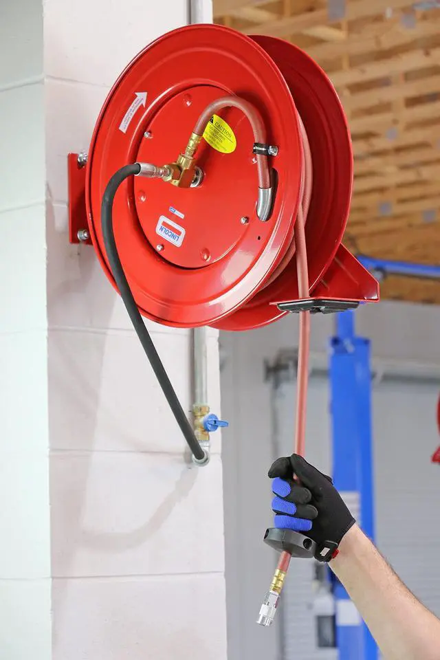 Alt view image 6 of 6 - 83753 Value Series Air/Water Retractable Hose Reel with 50' x 3/8" Rubber Air Hose, 1/4" NPT, 300 PSI, Slotted Mounting Base, 5-Position Adjustable Outlet Arm, All-Steel Construction, Red