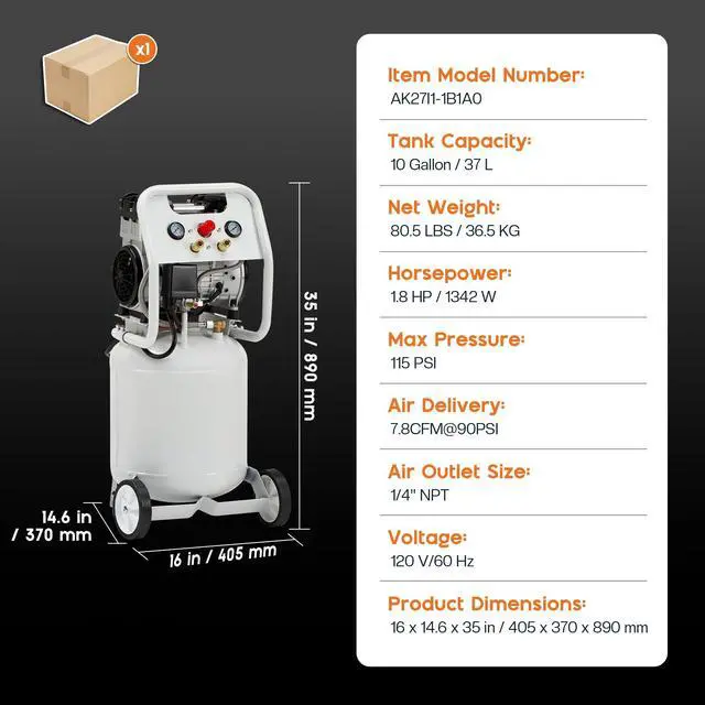 Alt view image 2 of 6 - 10 Gallon Electric Air Compressor, 1.8 HP Vertical Wheeled Tank | Oil-Free Air Compressor with Copper Motor 120 PSI Max Pneumatic Tool Tire Inflation Use