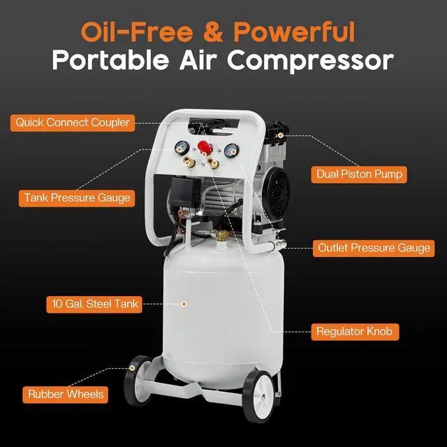 Alt view image 5 of 6 - 10 Gallon Electric Air Compressor, 1.8 HP Vertical Wheeled Tank | Oil-Free Air Compressor with Copper Motor 120 PSI Max Pneumatic Tool Tire Inflation Use