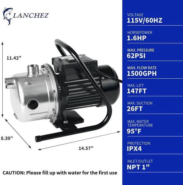 Alt view image 3 of 6 - Shallow Well Pump, Stainless Steel Water Transfer Pump, 115V Garden Irrigation Pump, Water Booster Jet Pump for Home Garden Lawn Farm, Silver