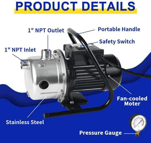Alt view image 6 of 6 - Shallow Well Pump, Stainless Steel Water Transfer Pump, 115V Garden Irrigation Pump, Water Booster Jet Pump for Home Garden Lawn Farm, Silver