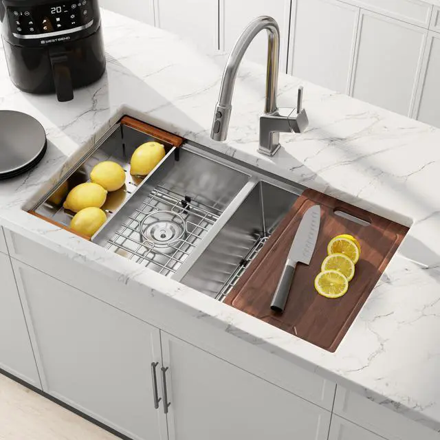 Main image of 32 Inch Undermount Workstation Double Bowl Handmade Kitchen Sink | 304 Stainless Steel, 16 Gauge Thickness, Ledge for Placing Accessories, 50/50 Large Capacity, 32" x 18" x 10"