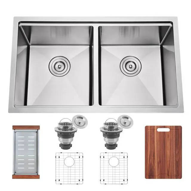 Alt view image 2 of 6 - 32 Inch Undermount Workstation Double Bowl Handmade Kitchen Sink | 304 Stainless Steel, 16 Gauge Thickness, Ledge for Placing Accessories, 50/50 Large Capacity, 32" x 18" x 10"