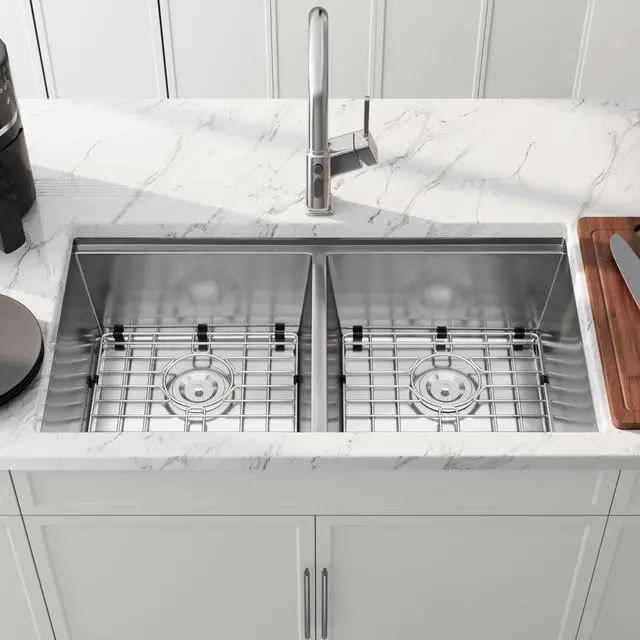 Alt view image 3 of 6 - 32 Inch Undermount Workstation Double Bowl Handmade Kitchen Sink | 304 Stainless Steel, 16 Gauge Thickness, Ledge for Placing Accessories, 50/50 Large Capacity, 32" x 18" x 10"