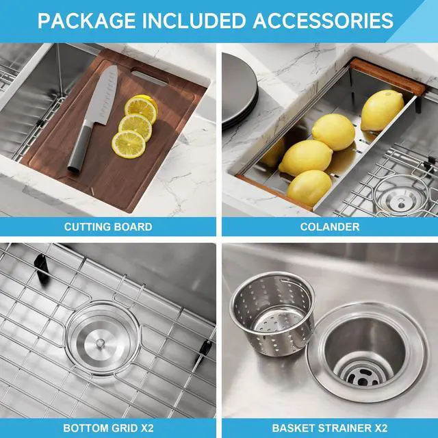 Alt view image 4 of 6 - 32 Inch Undermount Workstation Double Bowl Handmade Kitchen Sink | 304 Stainless Steel, 16 Gauge Thickness, Ledge for Placing Accessories, 50/50 Large Capacity, 32" x 18" x 10"
