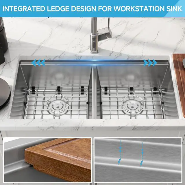 Alt view image 5 of 6 - 32 Inch Undermount Workstation Double Bowl Handmade Kitchen Sink | 304 Stainless Steel, 16 Gauge Thickness, Ledge for Placing Accessories, 50/50 Large Capacity, 32" x 18" x 10"