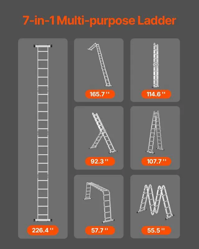 Alt view image 2 of 6 - Multi-Purpose Folding Ladder, 7-in-1 Tall Extension Step Ladder, A Frame 5 Step Telescoping Ladder, 19ft Reach Height Heavy Duty Adjustable Ladder, 330 lbs Capacity for Home Outdoor Metal
