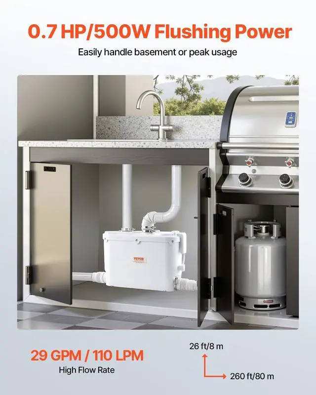 Alt view image 4 of 6 - 500W Utility Sink Pump, 29 GPM Flow, 26 ft/8 m Head, Macerator Sewerage Sump Pump with 3 Water Inlets for Basement, Kitchen, Sink, Shower, Bathtub, Laundry Waste Water Disposal Upflush Machine