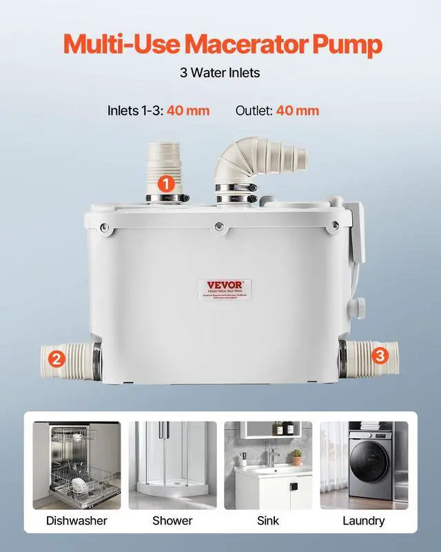 Alt view image 6 of 6 - 500W Utility Sink Pump, 29 GPM Flow, 26 ft/8 m Head, Macerator Sewerage Sump Pump with 3 Water Inlets for Basement, Kitchen, Sink, Shower, Bathtub, Laundry Waste Water Disposal Upflush Machine