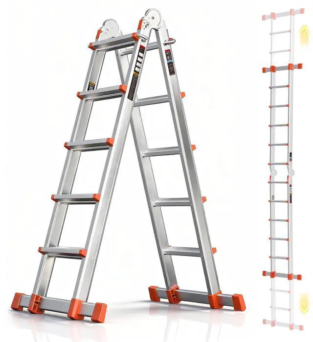 Main image of Telescoping Ladder, A Frame Ladder, Multi Position with Stabilizer Bar, 330 lbs Security Load Ladder for Stairs Household or Outdoor Roof, 17 Ft, Orange