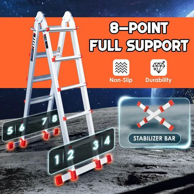 Alt view image 4 of 6 - Telescoping Ladder, A Frame Ladder, Multi Position with Stabilizer Bar, 330 lbs Security Load Ladder for Stairs Household or Outdoor Roof, 17 Ft, Orange