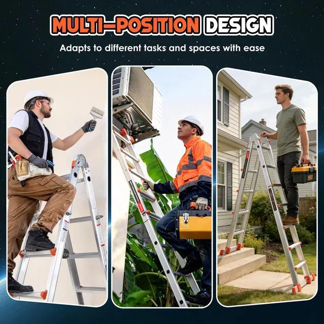 Alt view image 5 of 6 - Telescoping Ladder, A Frame Ladder, Multi Position with Stabilizer Bar, 330 lbs Security Load Ladder for Stairs Household or Outdoor Roof, 17 Ft, Orange