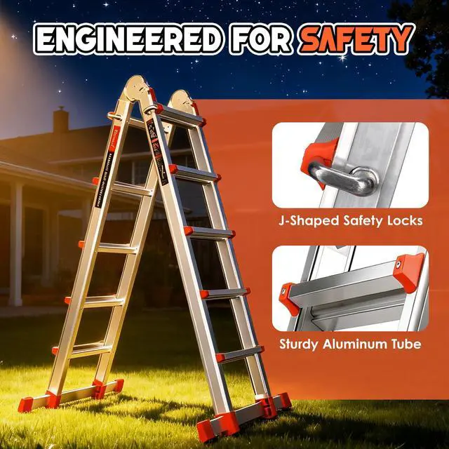 Alt view image 6 of 6 - Telescoping Ladder, A Frame Ladder, Multi Position with Stabilizer Bar, 330 lbs Security Load Ladder for Stairs Household or Outdoor Roof, 17 Ft, Orange