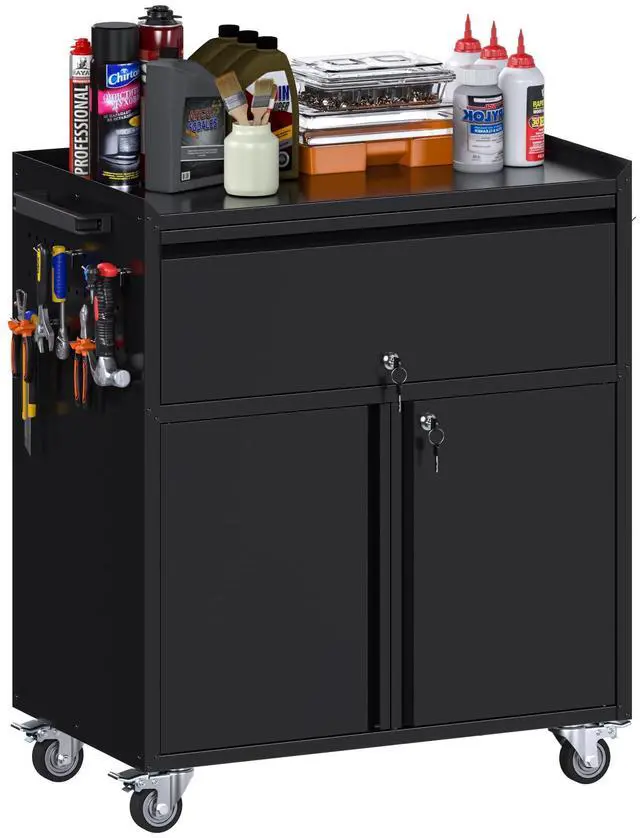 Main image of Rolling Metal Garage Cabinet, Lockable Storage Cabinet with 1 Drawer, Pegboards, Hooks & Wheels, Heavy Duty Steel Utility Cabinet for Garage, Workshop, Home Office, Black, Assembly Required