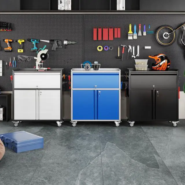 Alt view image 2 of 6 - Rolling Metal Garage Cabinet, Lockable Storage Cabinet with 1 Drawer, Pegboards, Hooks & Wheels, Heavy Duty Steel Utility Cabinet for Garage, Workshop, Home Office, Black, Assembly Required
