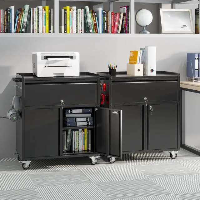 Alt view image 5 of 6 - Rolling Metal Garage Cabinet, Lockable Storage Cabinet with 1 Drawer, Pegboards, Hooks & Wheels, Heavy Duty Steel Utility Cabinet for Garage, Workshop, Home Office, Black, Assembly Required