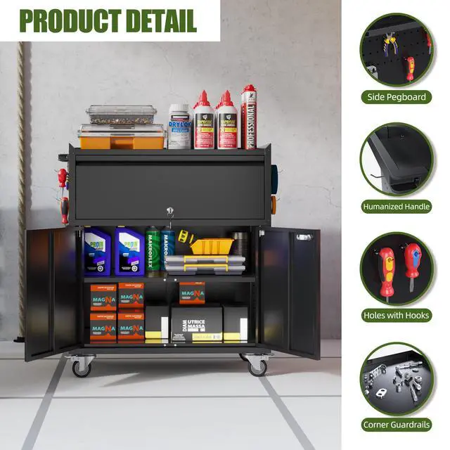 Alt view image 6 of 6 - Rolling Metal Garage Cabinet, Lockable Storage Cabinet with 1 Drawer, Pegboards, Hooks & Wheels, Heavy Duty Steel Utility Cabinet for Garage, Workshop, Home Office, Black, Assembly Required