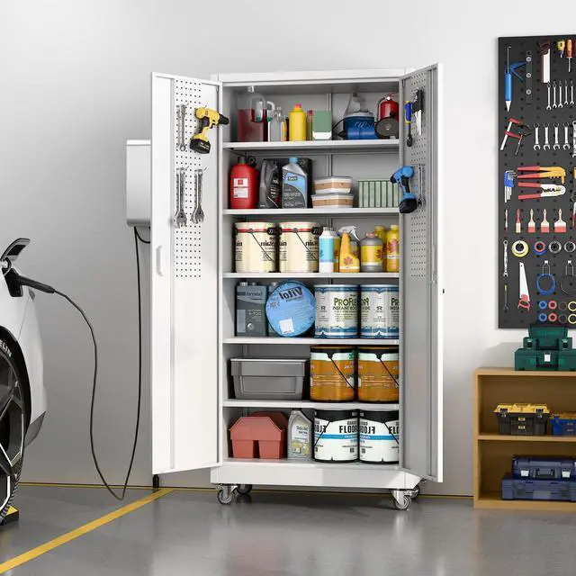 Alt view image 2 of 6 - Upgrade 71H''*32''W*16''D Metal Garage Storage Cabinet with Wheels and Pegboards, 5 Adjustable Shelves Steel Storage Cabinets for Home,Warehouse,Garage,Assembly Required,White