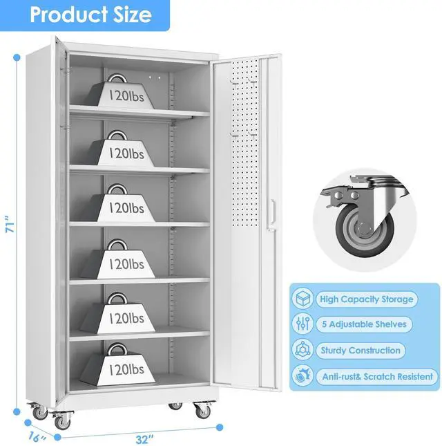 Alt view image 3 of 6 - Upgrade 71H''*32''W*16''D Metal Garage Storage Cabinet with Wheels and Pegboards, 5 Adjustable Shelves Steel Storage Cabinets for Home,Warehouse,Garage,Assembly Required,White